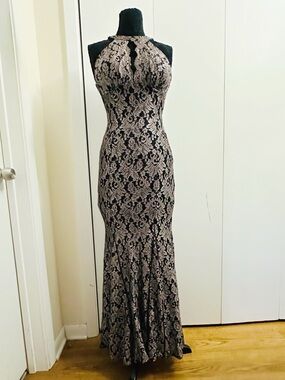 Nightway R&M Richards Black Taupe Metallic Lace Mermaid Gown Dress 4 NWT